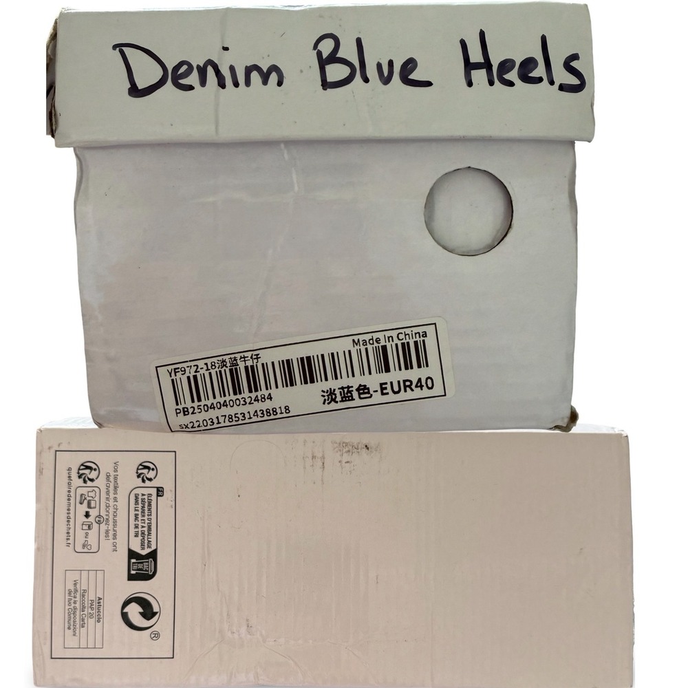 Light Blue Denim Strappy Square Toe Stiletto Heels Ankle Strap Sandals Sz 9 NEW - Picture 4 of 13